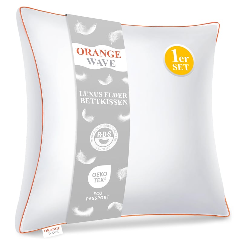 Pernă cu puf Orange Wave 80x80 cm, Pernă premium din puf și pene de gâscă, certificată RDS și Oeko-TEX, pentru cei care dorm pe o parte