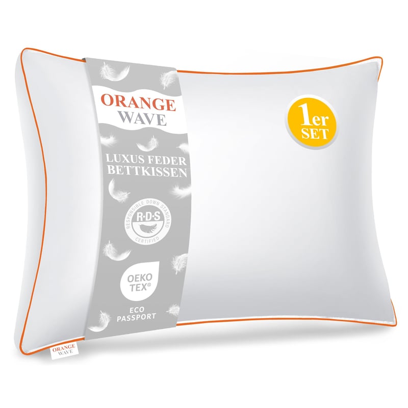 Pernă Premium cu Puf Orange Wave 40x80 cm - Pernă de dormit umplută cu puf și pene, pentru cei care dorm pe o parte, certificată RDS și Oeko-Tex