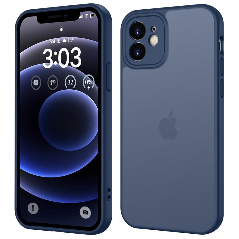 ORDA puzdro na iPhone 12 6,1 palca, kompletná ochrana fotoaparátu, nárazuvzdorné, odolné proti poškriabaniu, matné, nezanecháva odtlačky prstov, priesvitná zadná strana, tmavomodré