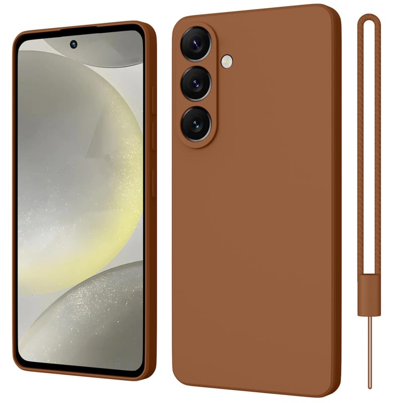 Silikónový kryt ORDA pre Samsung Galaxy S24 5G s remienkom na zápästie, ochranou fotoaparátu a displeja, odolný proti poškriabaniu, hnedý