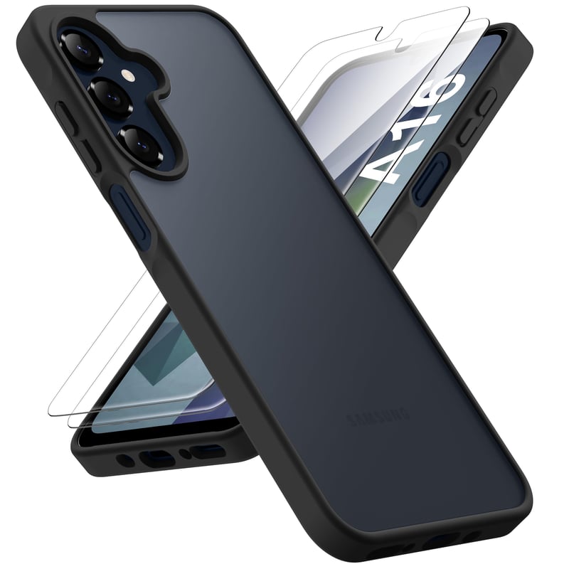 Husă ORETECH pentru Samsung Galaxy A16 cu 2 folii de sticlă securizată, husă de protecție din silicon negru-transparent