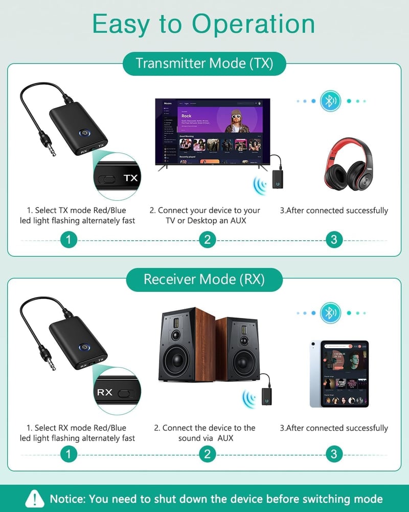 ORIA Bluetooth 5.3 AUX Adapter - 2 az 1-ben Vezeték Nélküli Audio Vevő Hangszórókhoz, Autóhoz, Fejhallgatóhoz - 10m Hatótáv, CVC Zajszűrés, 
