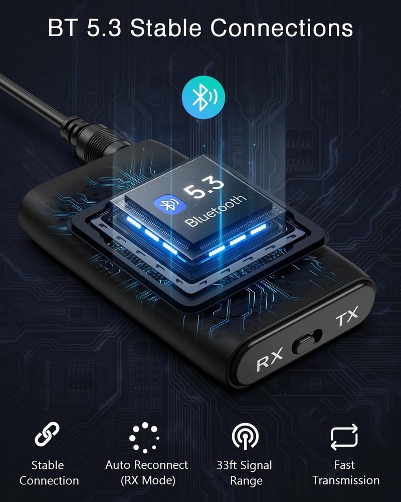 ORIA Bluetooth 5.3 AUX Adapter - 2 az 1-ben Vezeték Nélküli Audio Vevő Hangszórókhoz, Autóhoz, Fejhallgatóhoz - 10m Hatótáv, CVC Zajszűrés, 