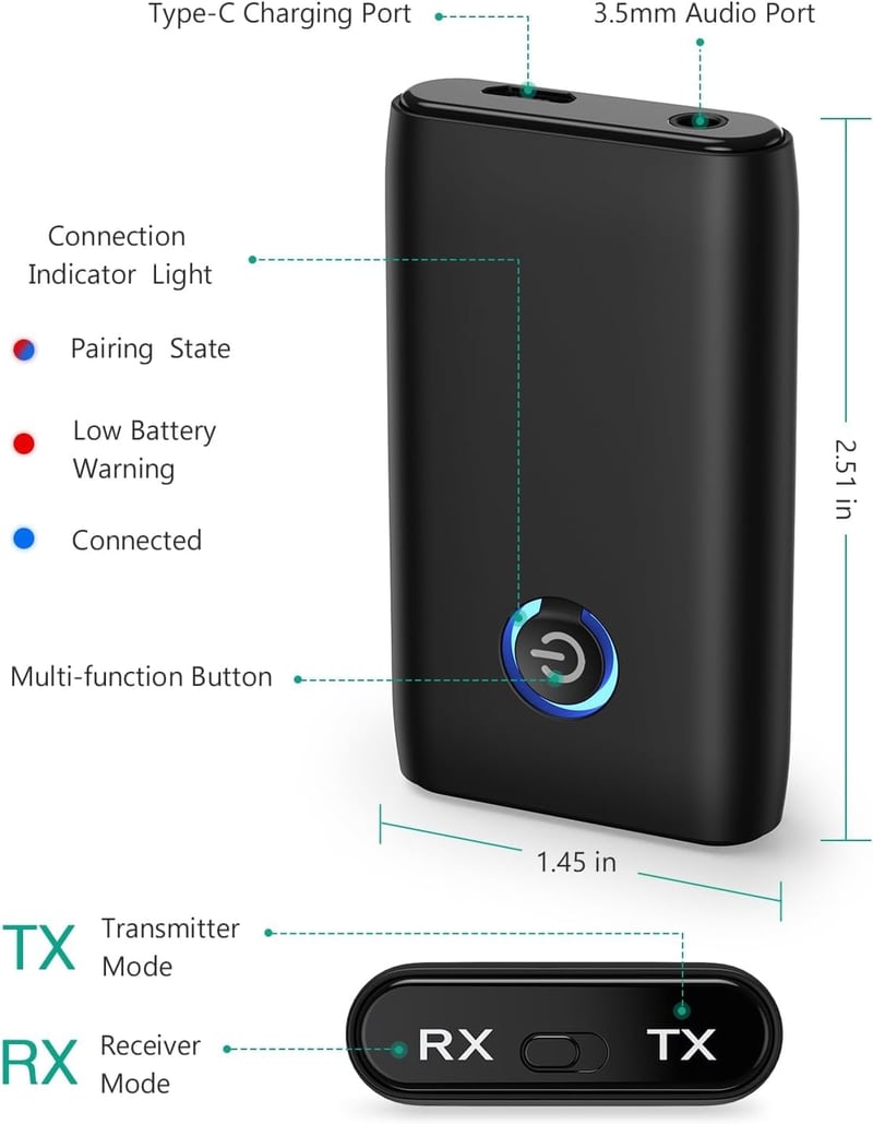 ORIA Bluetooth 5.3 AUX Adapter - 2 az 1-ben Vezeték Nélküli Audio Vevő Hangszórókhoz, Autóhoz, Fejhallgatóhoz - 10m Hatótáv, CVC Zajszűrés, 