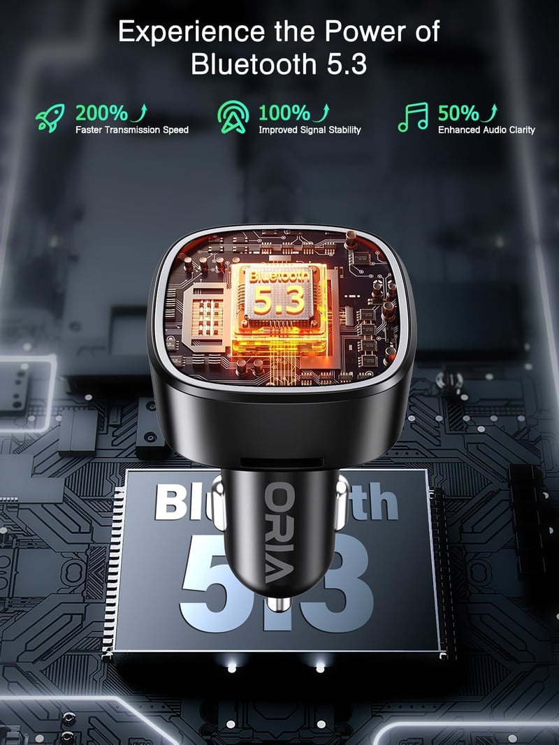 ORIA Bluetooth FM Transzmitter Autóba - Kihangosító Mikrofonnal, 2 USB Töltővel, Zajszűréssel, MP3 Lejátszóval, iOS és Android Kompatibilis