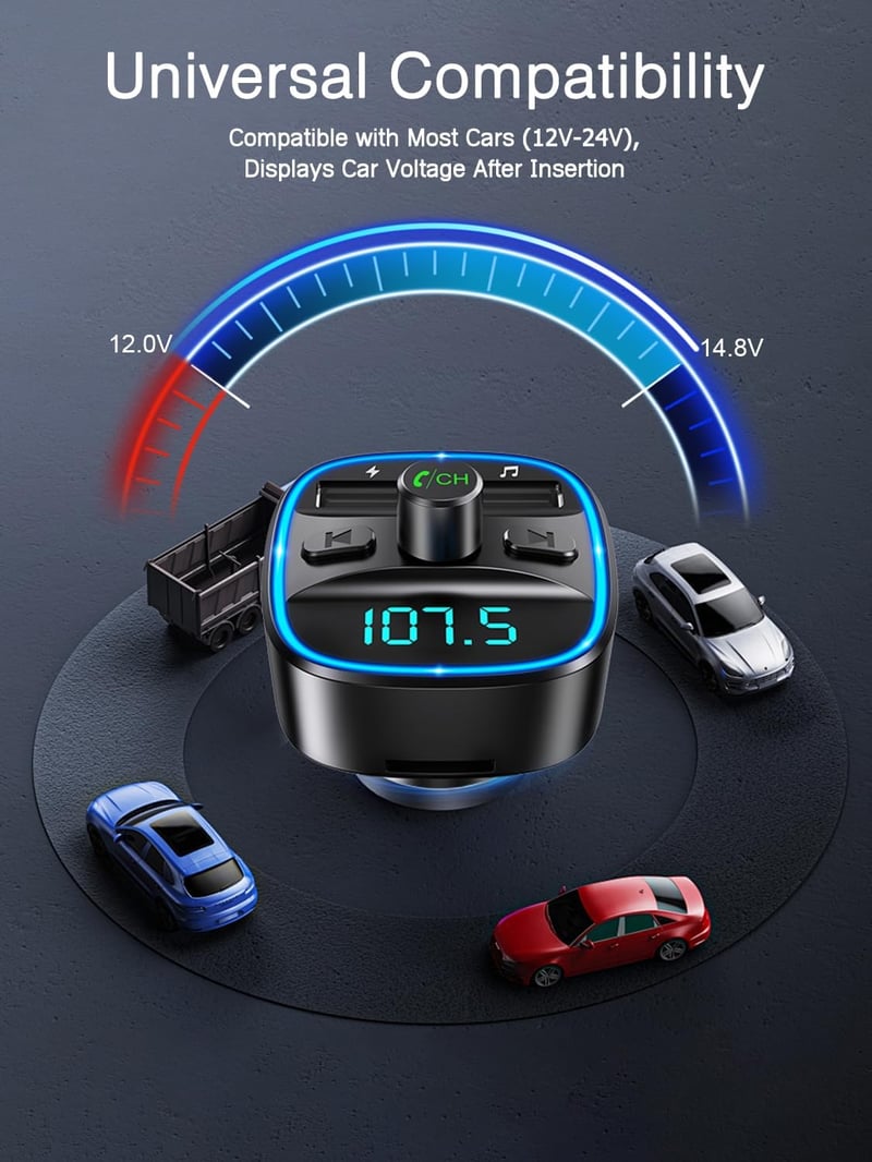 ORIA Bluetooth FM Transzmitter Autóba - Kihangosító Mikrofonnal, 2 USB Töltővel, Zajszűréssel, MP3 Lejátszóval, iOS és Android Kompatibilis