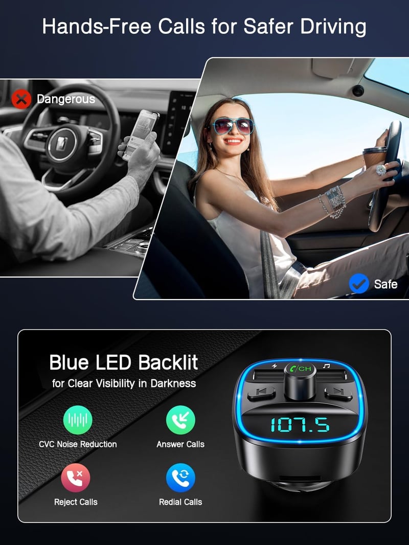 ORIA Bluetooth FM Transzmitter Autóba - Kihangosító Mikrofonnal, 2 USB Töltővel, Zajszűréssel, MP3 Lejátszóval, iOS és Android Kompatibilis