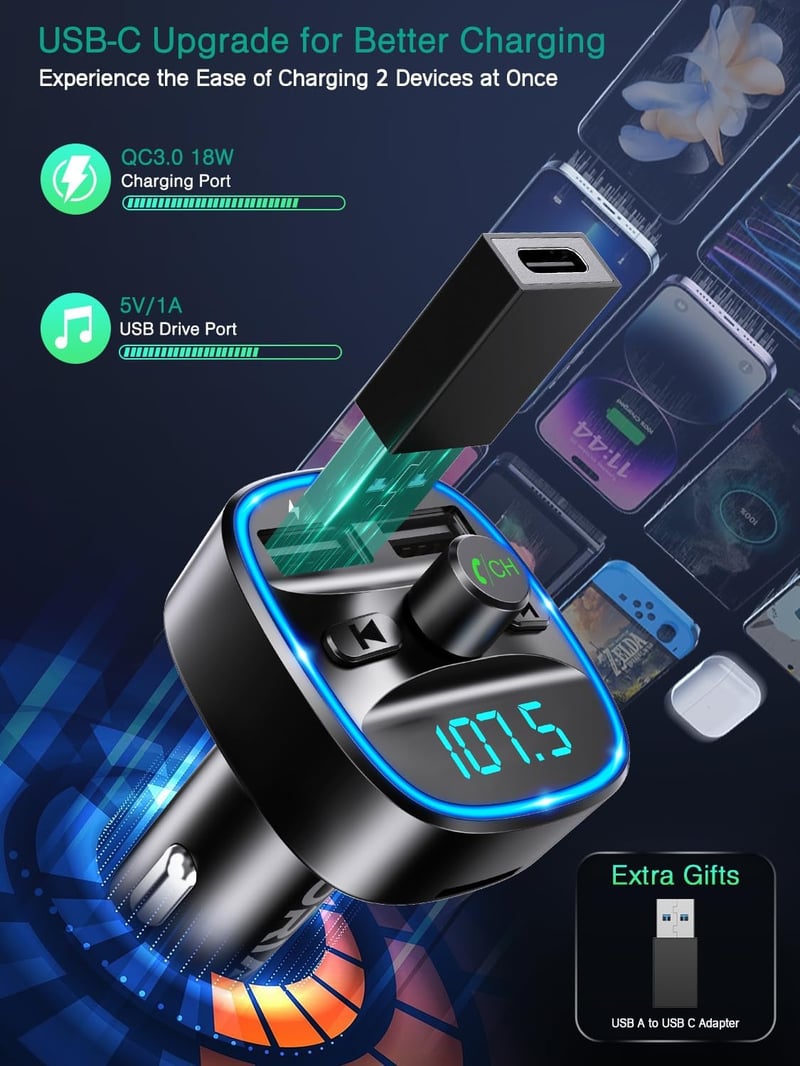 ORIA Bluetooth FM Transzmitter Autóba - Kihangosító Mikrofonnal, 2 USB Töltővel, Zajszűréssel, MP3 Lejátszóval, iOS és Android Kompatibilis