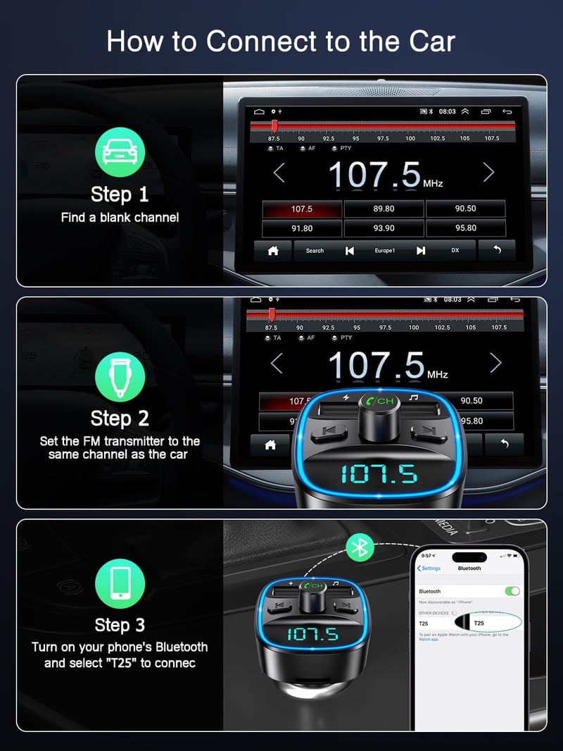 ORIA Bluetooth FM Transzmitter Autóba - Kihangosító Mikrofonnal, 2 USB Töltővel, Zajszűréssel, MP3 Lejátszóval, iOS és Android Kompatibilis
