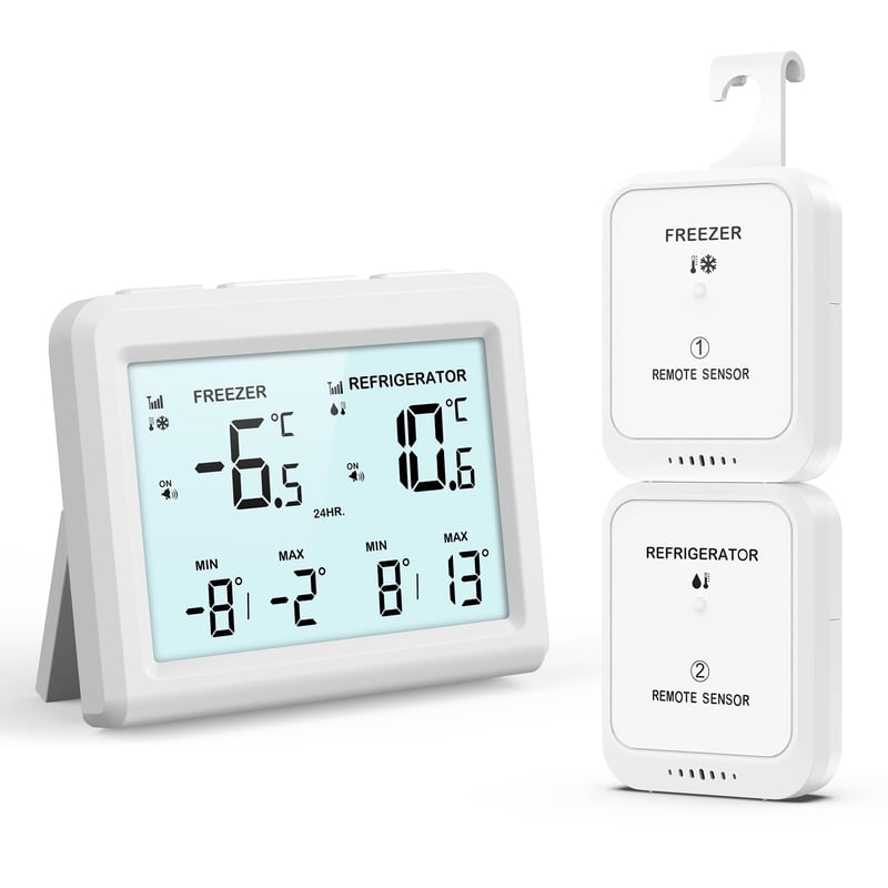 Digitálny teplomer do chladničky ORIA s 2 bezdrôtovými senzormi, 3,7-palcovým LCD displejom, alarmom, funkciou Min/Max, pre chladničky a mrazničky