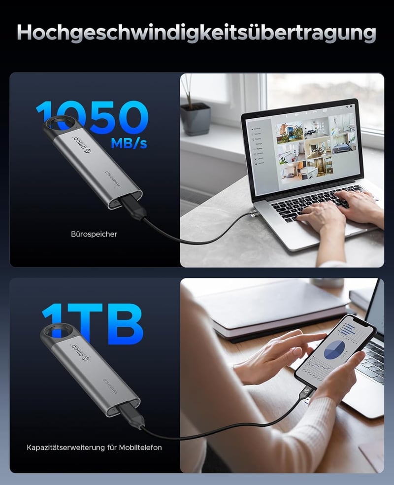 ORICO 1TB Hordozható SSD 1050MB/s USB-C Külső Merevlemez Telefon Tablet Laptop