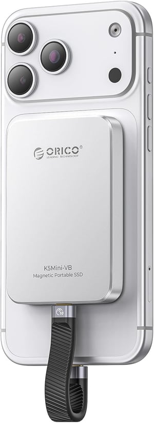 ORICO K5MINI 480GB Mágneses Külső SSD, Alumínium, 460MB/s, USB-C, MagSafe Kompatibilis, iPhone 17 Pro Max, Ezüst