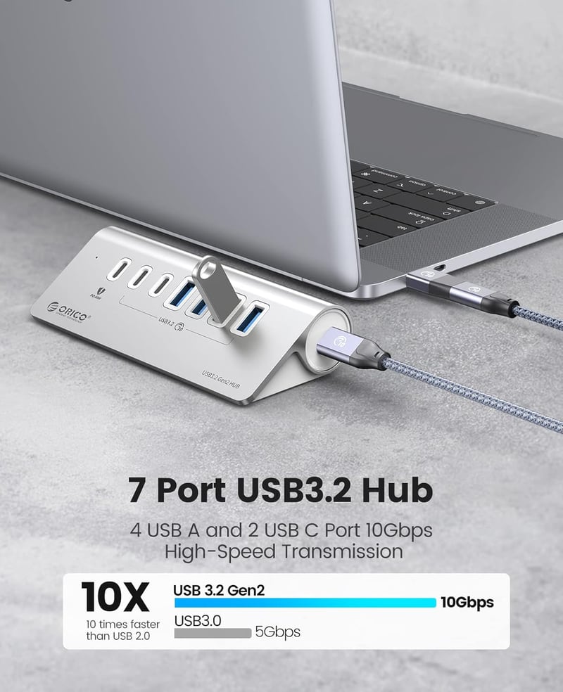 ORICO 7 portos USB C 3.2 Gen 2 hub 10 Gbps, 4 USB C, 2 USB A, 60W PD töltés