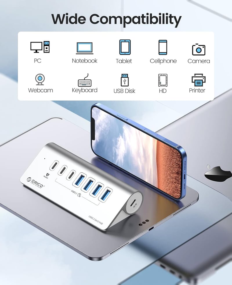 ORICO 7 portos USB C 3.2 Gen 2 hub 10 Gbps, 4 USB C, 2 USB A, 60W PD töltés