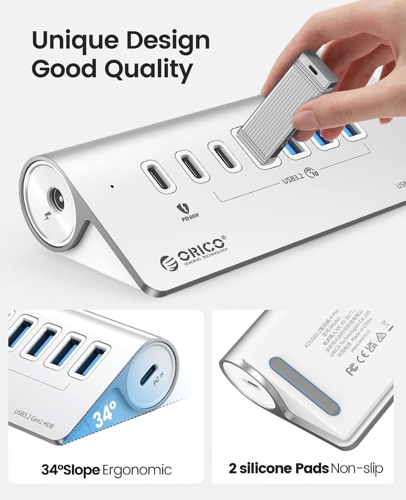 ORICO 7 portos USB C 3.2 Gen 2 hub 10 Gbps, 4 USB C, 2 USB A, 60W PD töltés