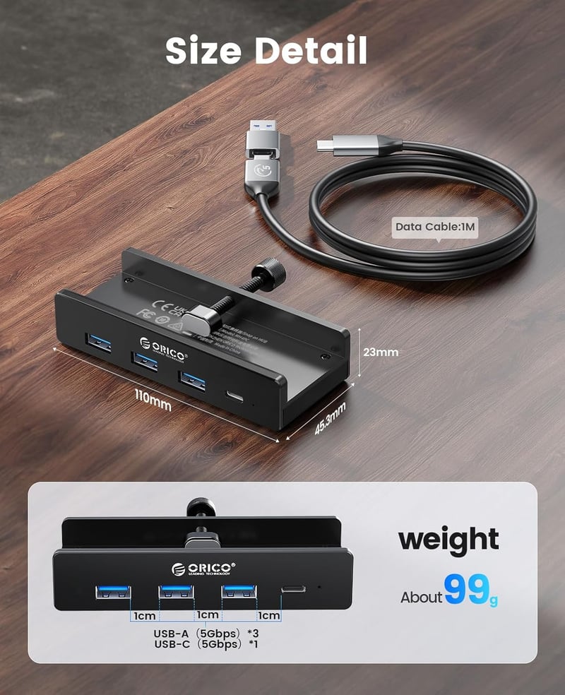 ORICO Aluminium USB 3.0 Hub 4 Port - 3x Type-A + 1x Type-C, 5 Gbps, 100cm Kábel