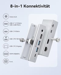 ORICO Clip 8 az 1-ben USB-C dokkoló, 4K 60Hz HDMI, PD 100W, Gigabit LAN, 10Gbps 2