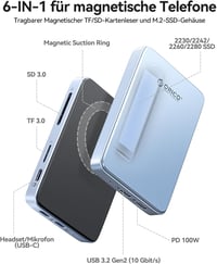 ORICO AP80F-BK mágneses M.2 NVMe SSD ház 6 az 1-ben hubbal, 10Gbps, PD 100W 2