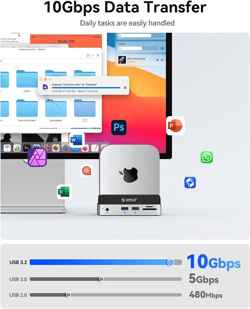 Docking station ORICO MiniDock pentru Mac mini M4 cu slot SSD NVMe, hub USB-C, 2x USB-A 10Gbps, SD/TF 3.0