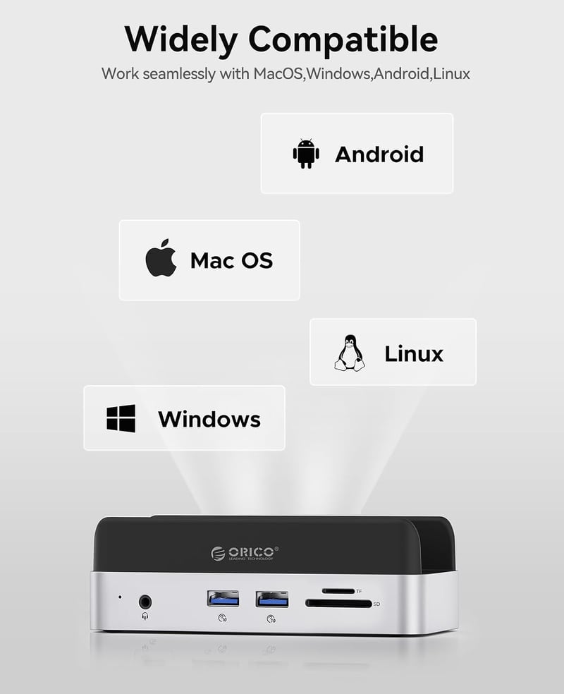 Docking station ORICO MiniDock pentru Mac mini M4 cu slot SSD NVMe, hub USB-C, 2x USB-A 10Gbps, SD/TF 3.0