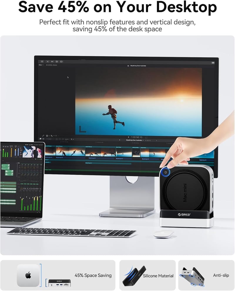 Docking station ORICO MiniDock pentru Mac mini M4 cu slot SSD NVMe, hub USB-C, 2x USB-A 10Gbps, SD/TF 3.0