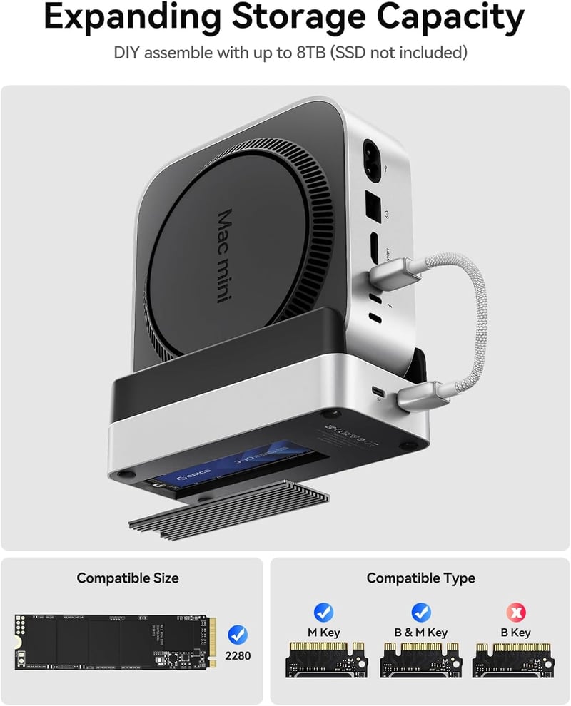 Docking station ORICO MiniDock pentru Mac mini M4 cu slot SSD NVMe, hub USB-C, 2x USB-A 10Gbps, SD/TF 3.0