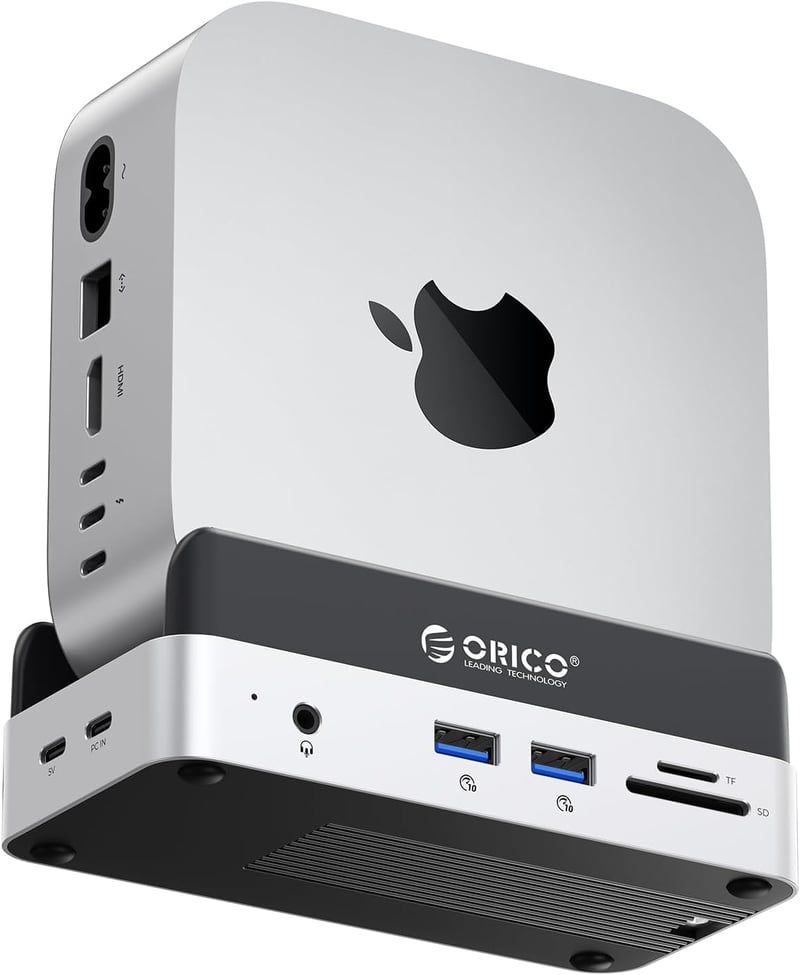 Docking station ORICO MiniDock pentru Mac mini M4 cu slot SSD NVMe, hub USB-C, 2x USB-A 10Gbps, SD/TF 3.0