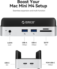 Docking station ORICO MiniDock pentru Mac mini M4 cu slot SSD NVMe, hub USB-C, 2x USB-A 10Gbps, SD/TF 3.0 3