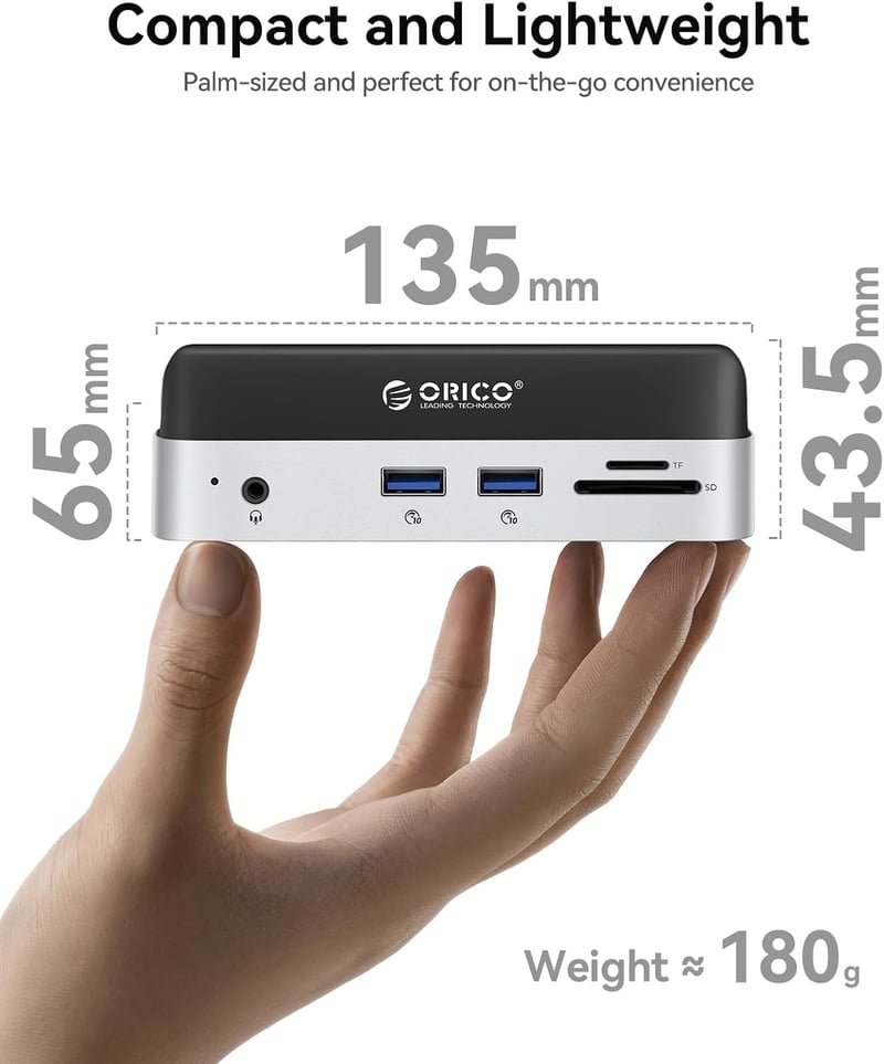 Docking station ORICO MiniDock pentru Mac mini M4 cu slot SSD NVMe, hub USB-C, 2x USB-A 10Gbps, SD/TF 3.0