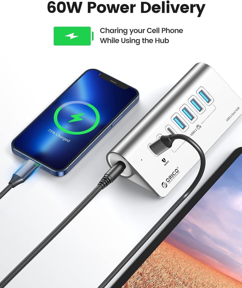 ORICO 7 portos USB C 3.2 Gen 2 hub 10 Gbps, 4 USB C, 2 USB A, 60W PD töltés