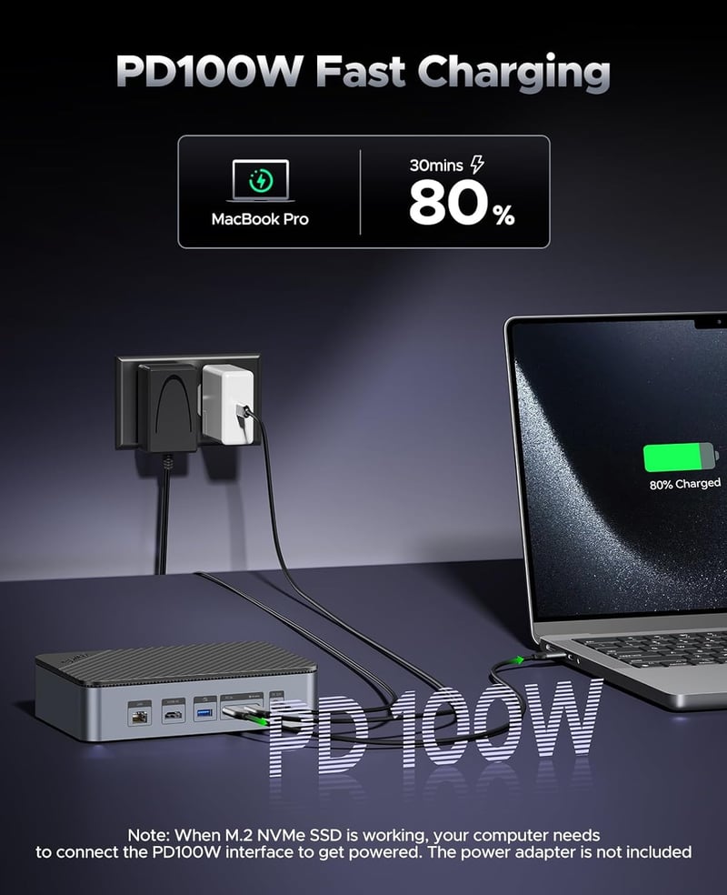 ORICO USB-C Hub dokkoló állomás M.2 NVMe SSD, 2.5/3.5" merevlemez, 4K HDMI, 100W PD, Gigabit Ethernet