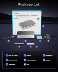 ORICO USB-C Hub dokkoló állomás M.2 NVMe SSD, 2.5/3.5" merevlemez, 4K HDMI, 100W PD, Gigabit Ethernet 9