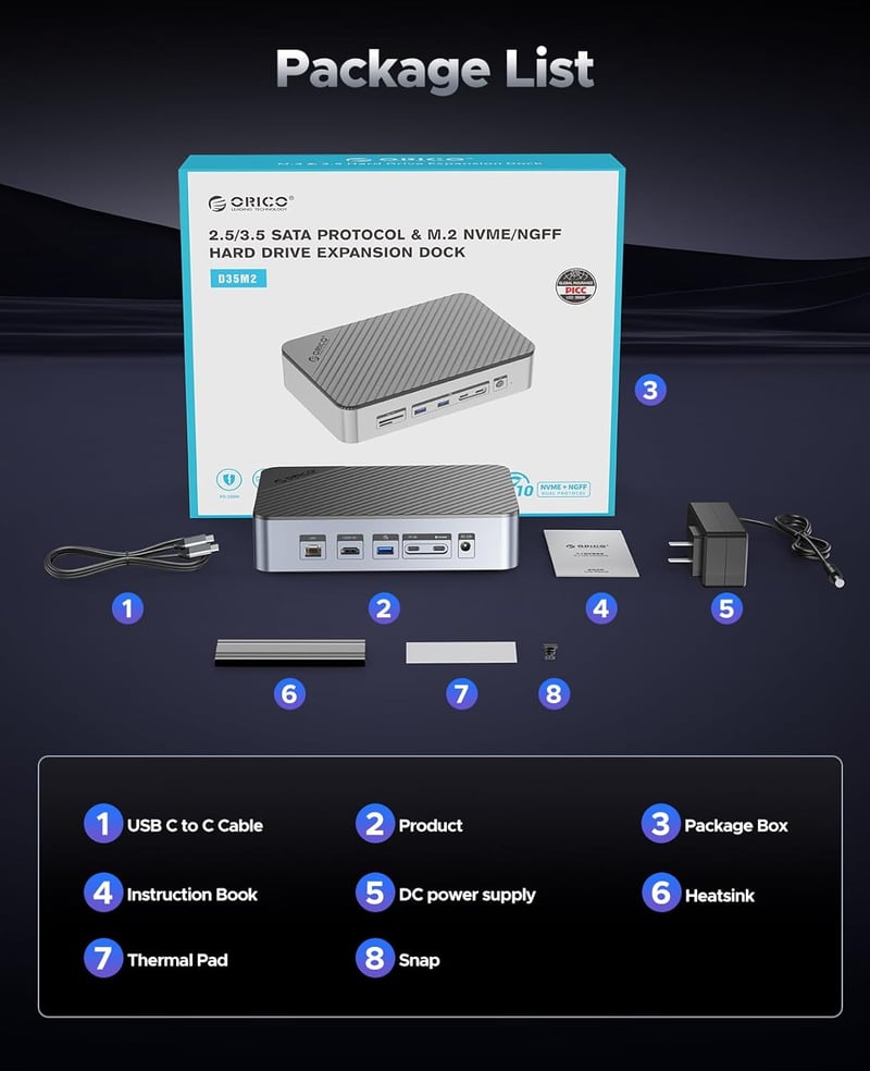 ORICO USB-C Hub dokkoló állomás M.2 NVMe SSD, 2.5/3.5" merevlemez, 4K HDMI, 100W PD, Gigabit Ethernet