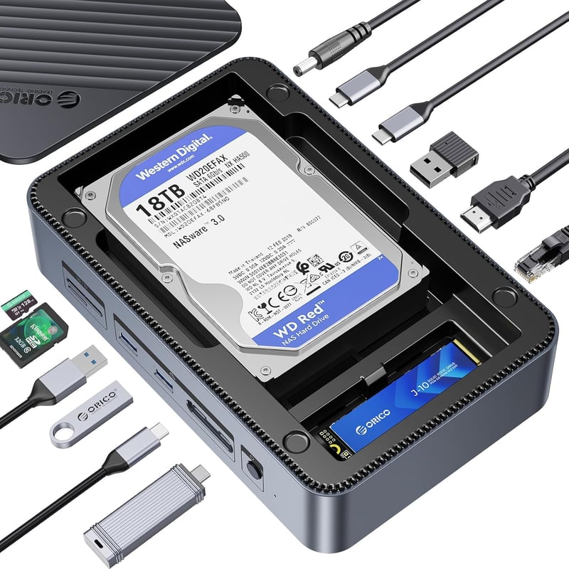 ORICO USB-C Hub dokkoló állomás M.2 NVMe SSD, 2.5/3.5" merevlemez, 4K HDMI, 100W PD, Gigabit Ethernet