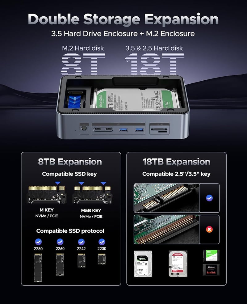 ORICO USB-C Hub dokkoló állomás M.2 NVMe SSD, 2.5/3.5" merevlemez, 4K HDMI, 100W PD, Gigabit Ethernet