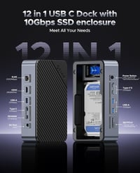 ORICO USB-C Hub dokkoló állomás M.2 NVMe SSD, 2.5/3.5" merevlemez, 4K HDMI, 100W PD, Gigabit Ethernet 2