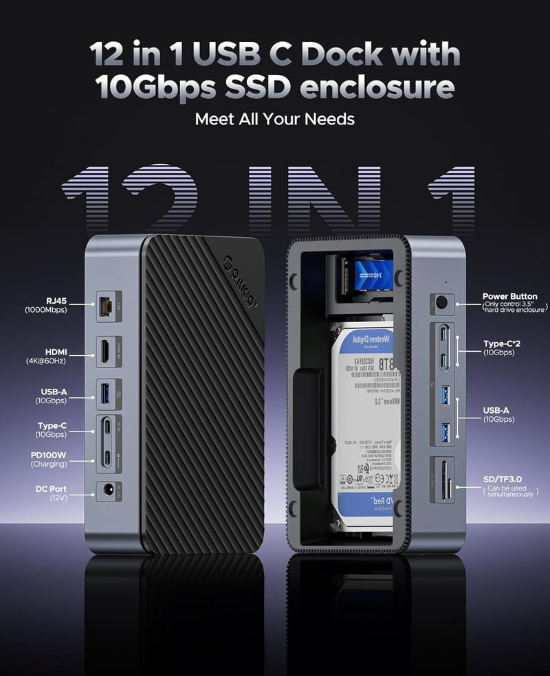 ORICO USB-C Hub dokkoló állomás M.2 NVMe SSD, 2.5/3.5" merevlemez, 4K HDMI, 100W PD, Gigabit Ethernet