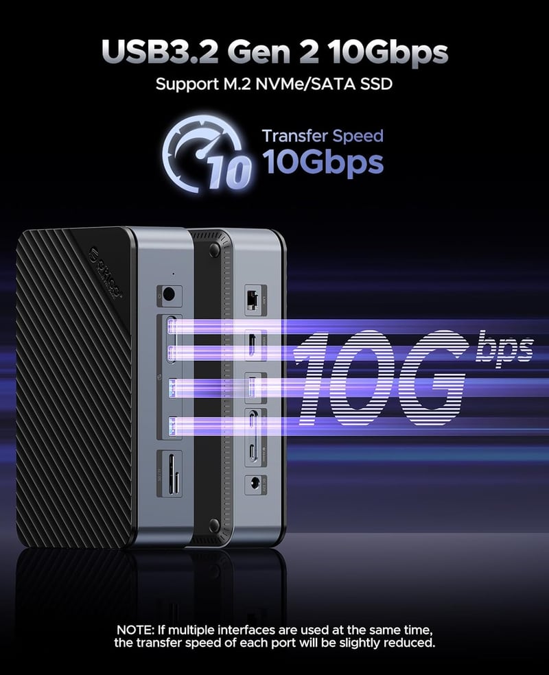 ORICO USB-C Hub dokkoló állomás M.2 NVMe SSD, 2.5/3.5" merevlemez, 4K HDMI, 100W PD, Gigabit Ethernet