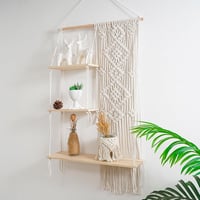 Raft de perete din macrame Oriental Riverkit, 3 niveluri, decor boho din lemn pentru plante și fotografii, cu franjuri și frânghie țesută, decor rustic de perete pentru dormitor 2