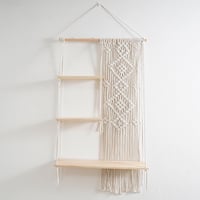 Raft de perete din macrame Oriental Riverkit, 3 niveluri, decor boho din lemn pentru plante și fotografii, cu franjuri și frânghie țesută, decor rustic de perete pentru dormitor 6