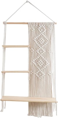 Raft de perete din macrame Oriental Riverkit, 3 niveluri, decor boho din lemn pentru plante și fotografii, cu franjuri și frânghie țesută, decor rustic de perete pentru dormitor 1