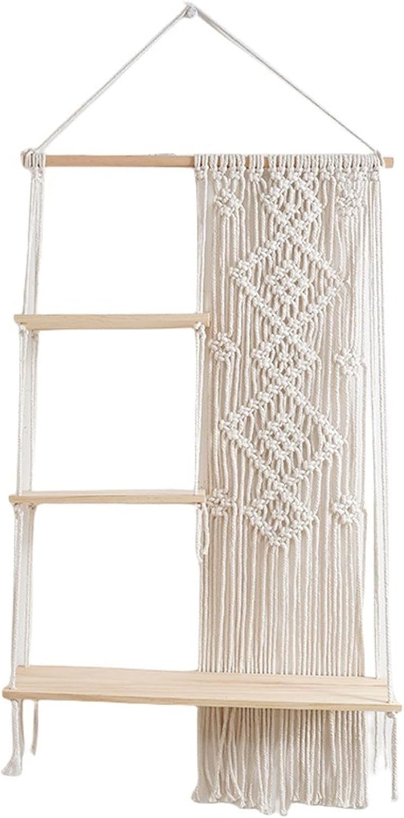 Raft de perete din macrame Oriental Riverkit, 3 niveluri, decor boho din lemn pentru plante și fotografii, cu franjuri și frânghie țesută, decor rustic de perete pentru dormitor