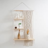 Raft de perete din macrame Oriental Riverkit, 3 niveluri, decor boho din lemn pentru plante și fotografii, cu franjuri și frânghie țesută, decor rustic de perete pentru dormitor 4