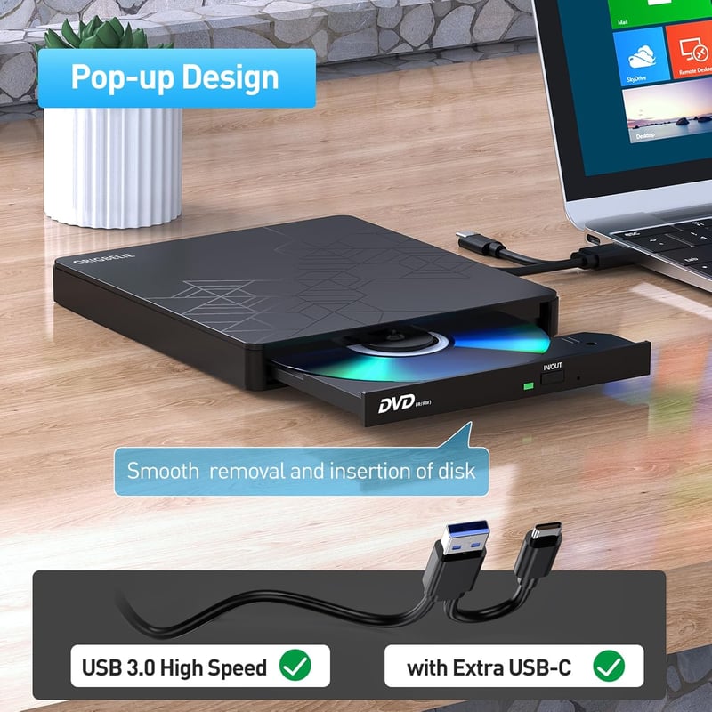 ORIGBELIE 6 az 1-ben Külső CD DVD Meghajtó USB 3.0 Type-C Csatlakozással - Kompatibilis Windows, Mac OS, Linux Rendszerekkel