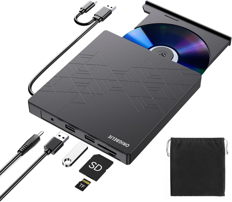 ORIGBELIE 6 az 1-ben Külső CD DVD Meghajtó USB 3.0 Type-C Csatlakozással - Kompatibilis Windows, Mac OS, Linux Rendszerekkel