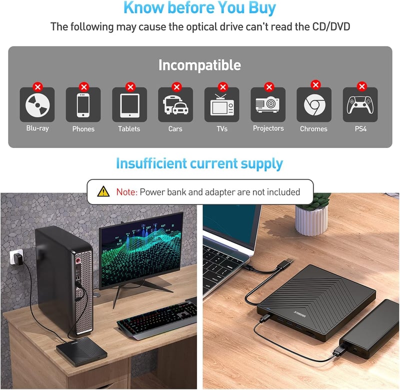 ORIGBELIE Külső DVD Meghajtó USB 3.0 4 USB Port SD Kártya Olvasó Laptop Mac PC