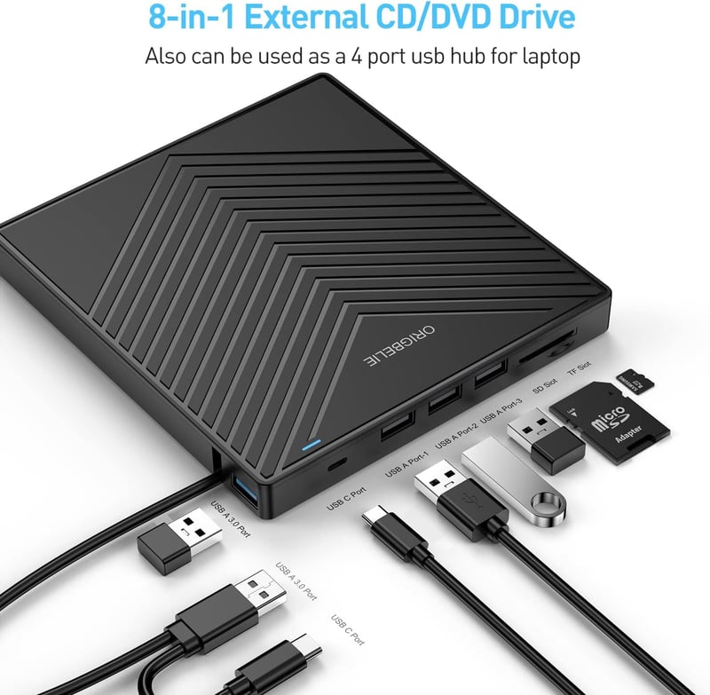 ORIGBELIE Külső DVD Meghajtó USB 3.0 4 USB Port SD Kártya Olvasó Laptop Mac PC