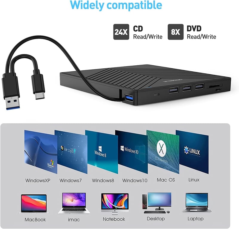 ORIGBELIE Külső DVD Meghajtó USB 3.0 4 USB Port SD Kártya Olvasó Laptop Mac PC