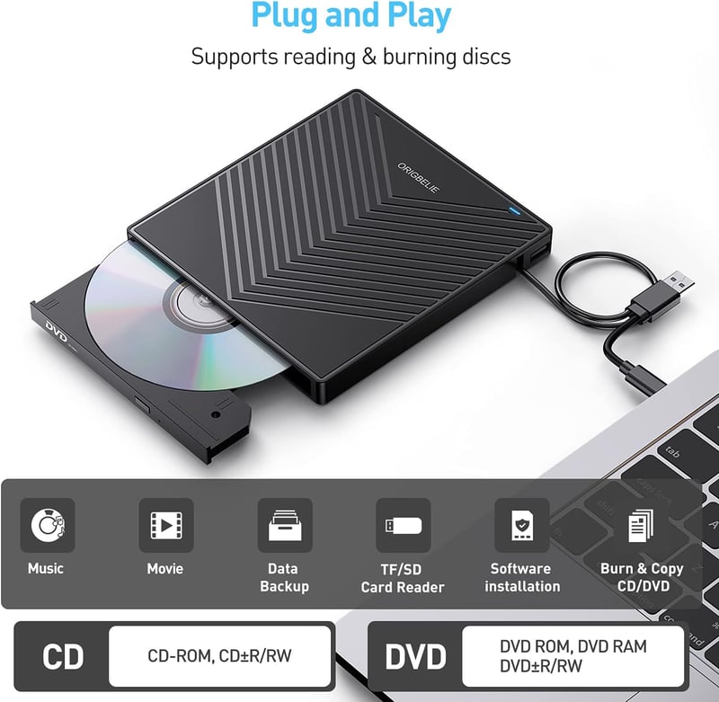 ORIGBELIE Külső DVD Meghajtó USB 3.0 4 USB Port SD Kártya Olvasó Laptop Mac PC