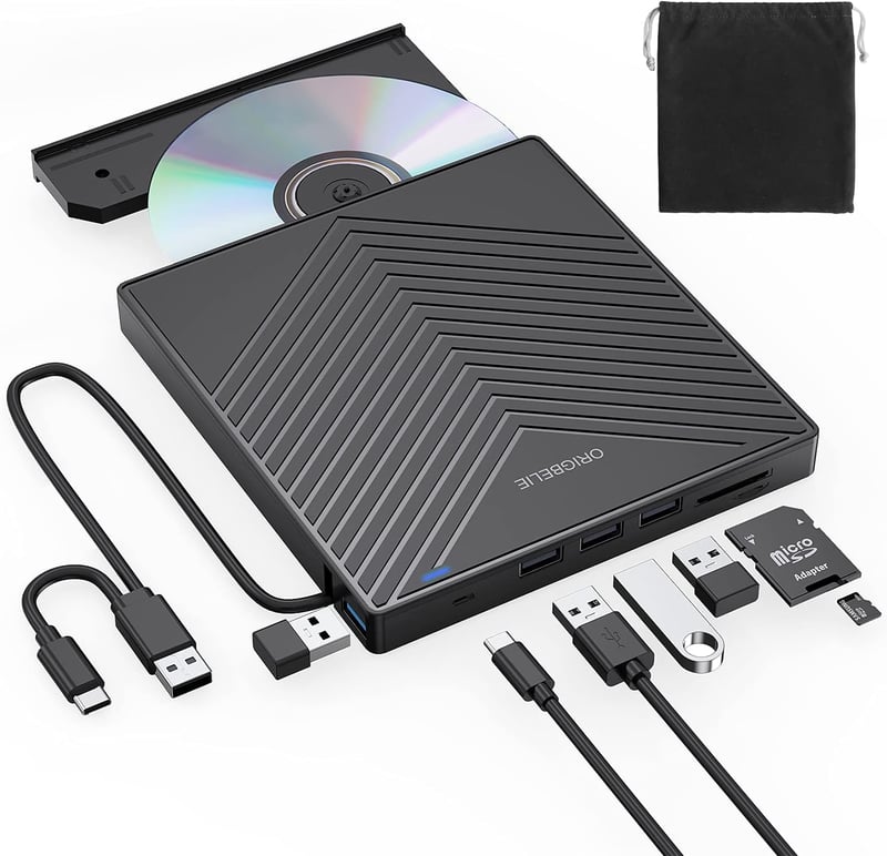 ORIGBELIE Külső DVD Meghajtó USB 3.0 4 USB Port SD Kártya Olvasó Laptop Mac PC